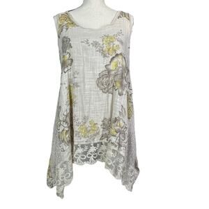 Krazy Kat Women’s Sleeveless Tunic Top Small Beige Floral Boho Lace Hem